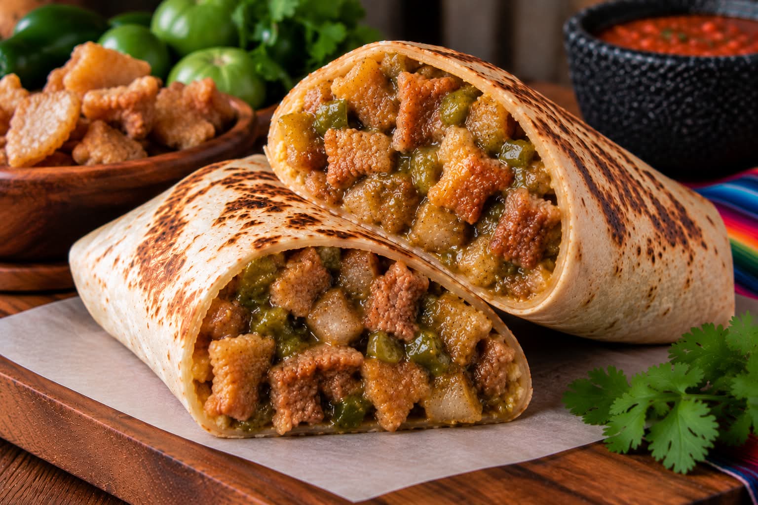 Chicharrón en Chile Verde burrito