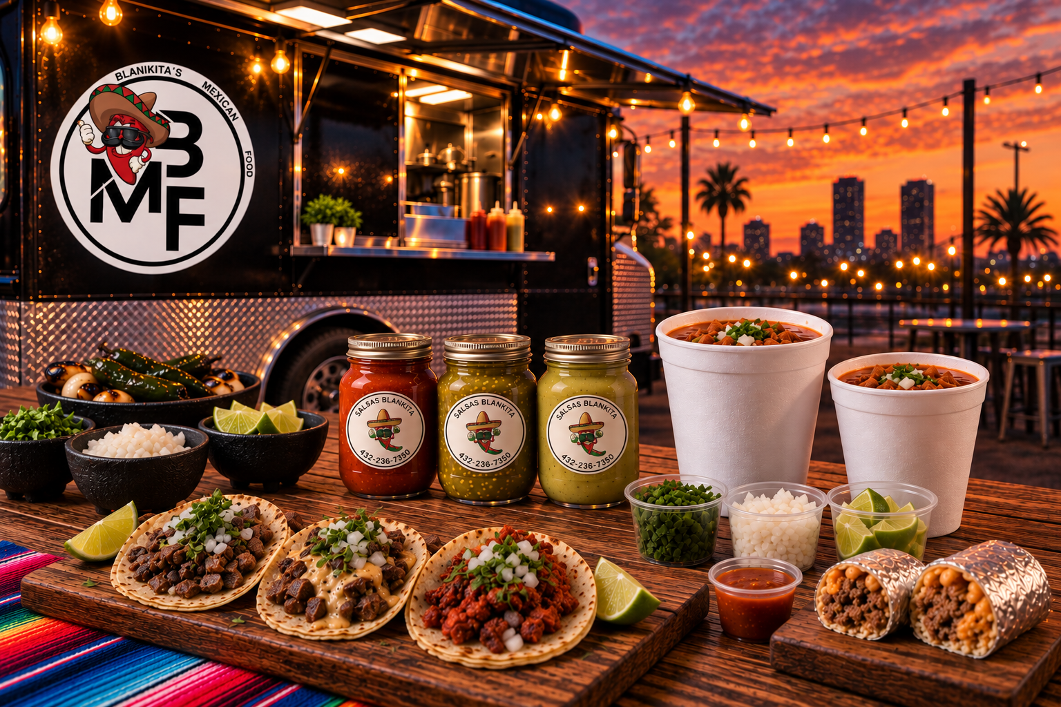 Blankita's Mexican Food truck with tacos, salsas, menudo and burritos at sunset