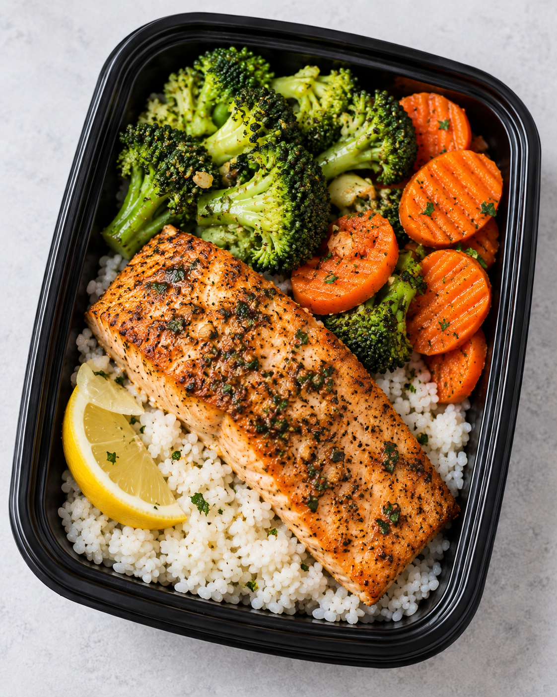 Salmon meal prep with rice and vegetables