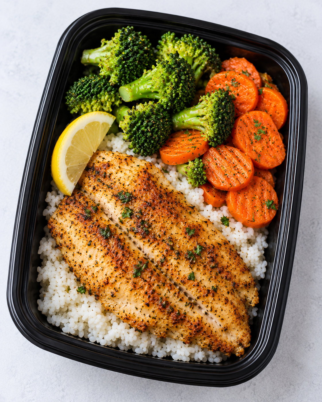 Tilapia meal prep with carbohydrate and vegetables