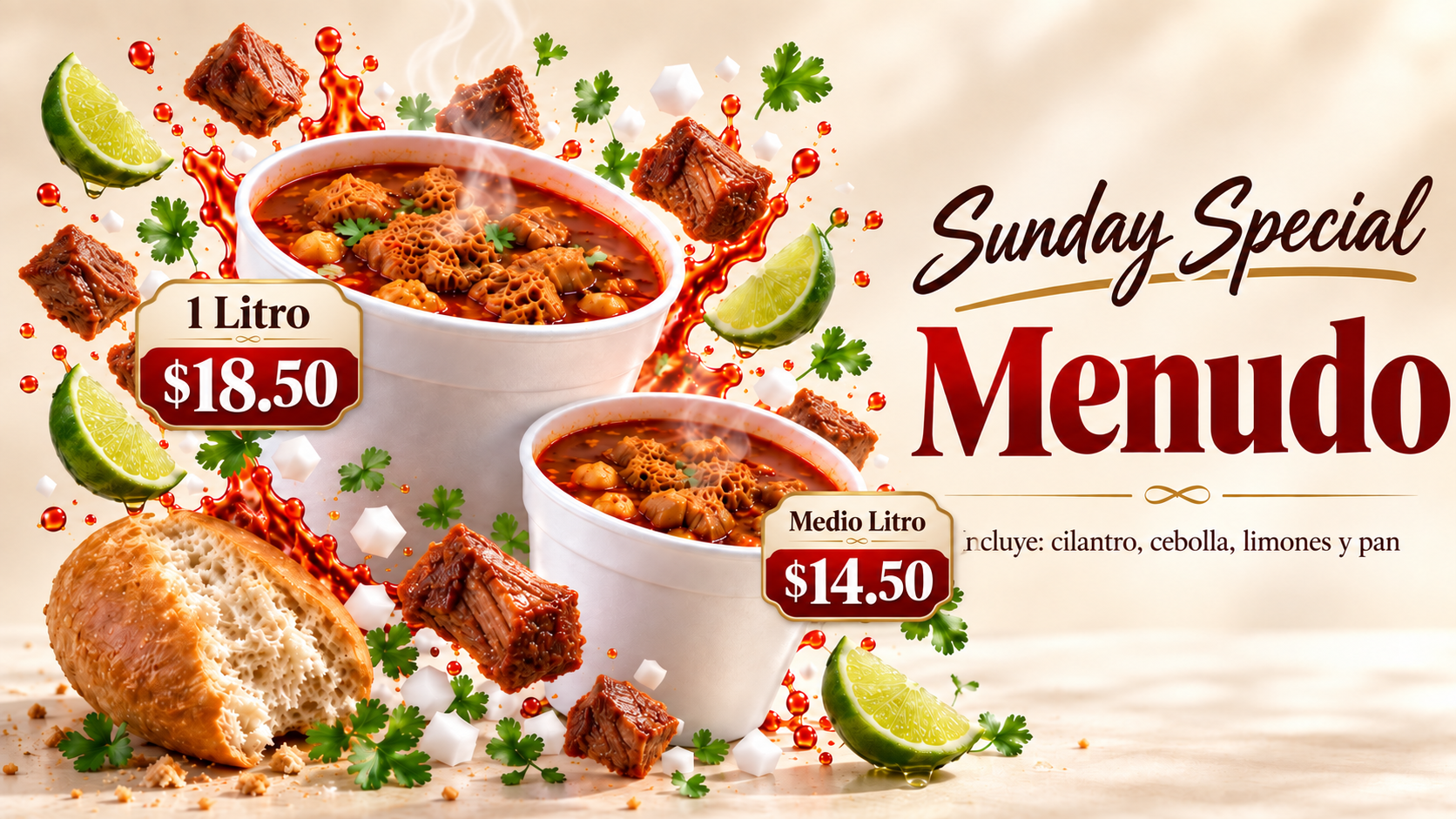 Sunday Special Menudo: 1 litro $18.50, medio litro $14.50. Incluye cilantro, cebolla, limones y pan.